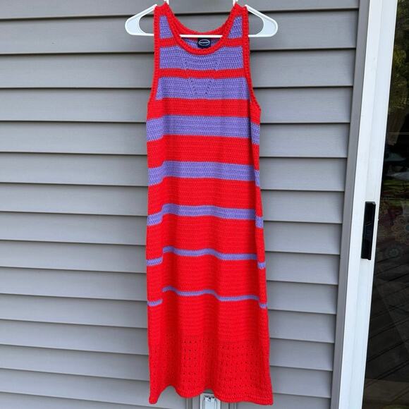 Scoop size L Crochet Orange-Red and Lavender Purple Striped Midi Dress - Picture 2 of 14